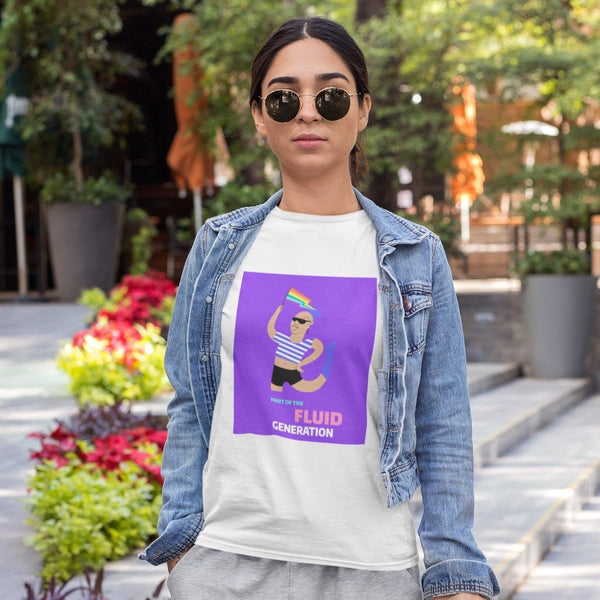Model wearing a white T-shirt with a purple “Part of the Fluid Generation” graphic