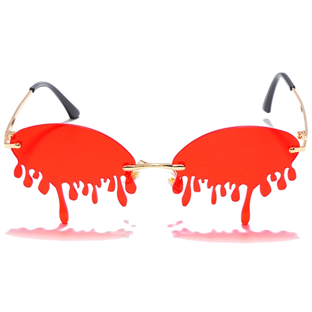 Red tear-drop sunglasses with gold frames and dripping lens-shaped edges