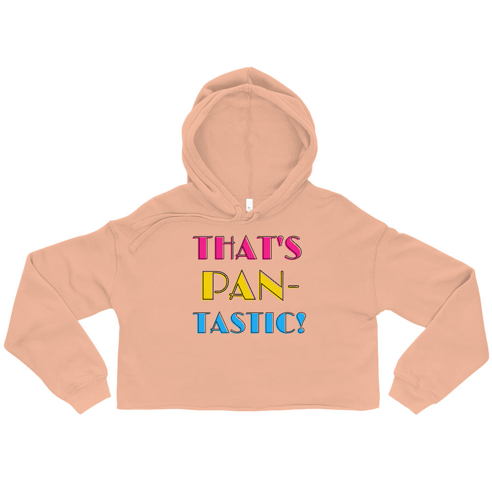 Peach cropped hoodie with a hood and colorful “THAT’S PAN-TASTIC!” chest text
