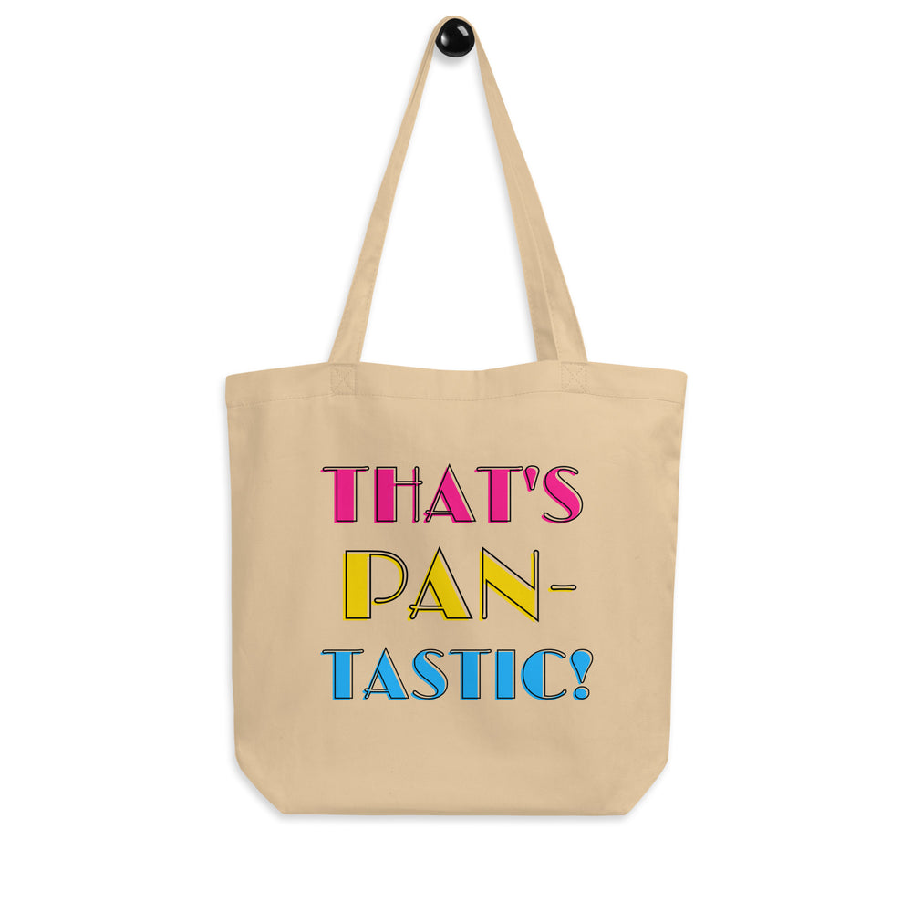 Natural canvas tote bag with pink, yellow, and blue text reading “THAT’S PAN-TASTIC!”
