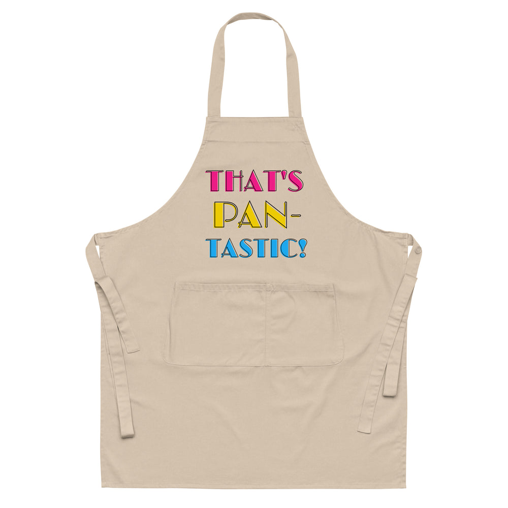 Front-facing beige apron with a neck loop, waist ties, pocket, and “THAT’S PAN-TASTIC!” text