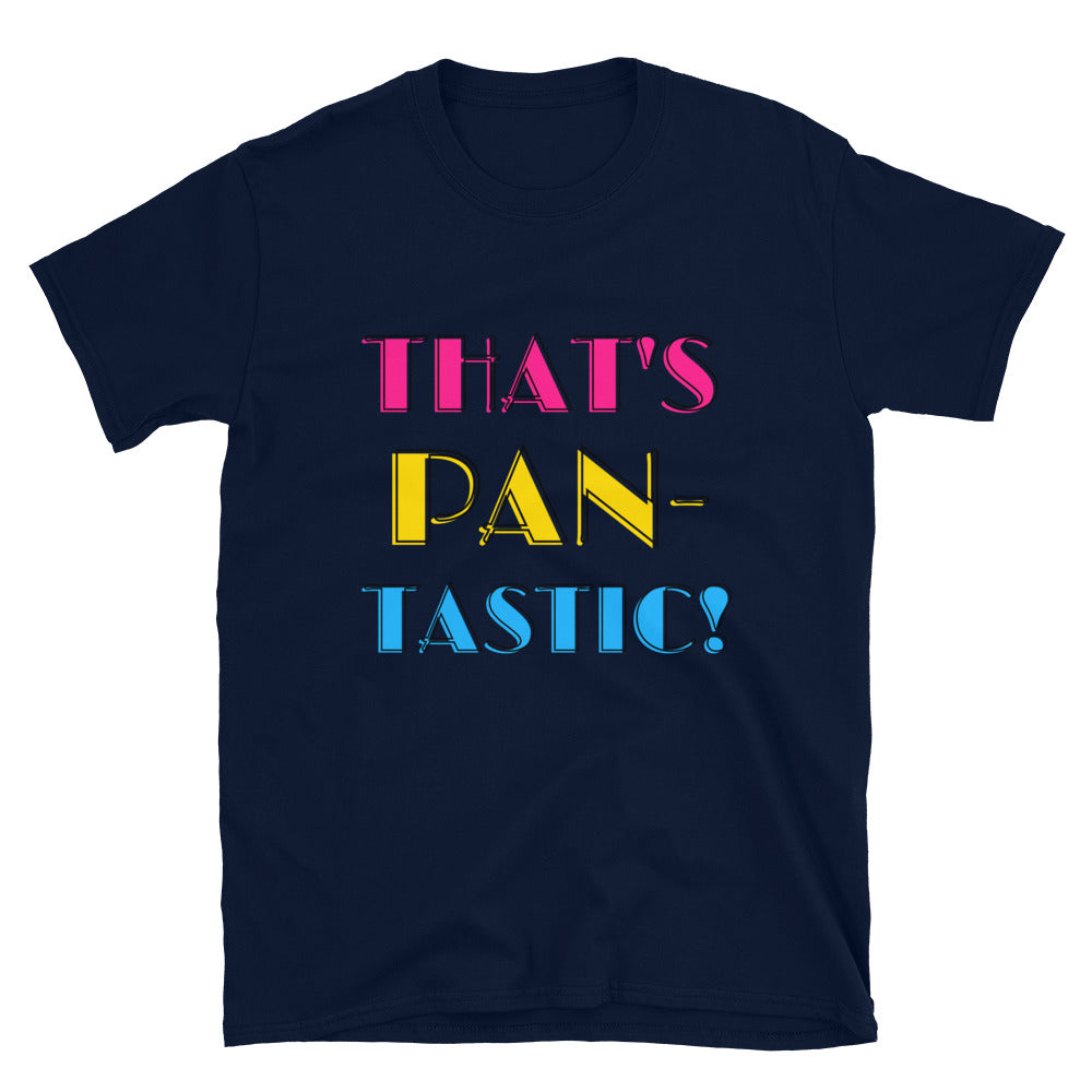Navy T-shirt with colorful “THAT’S PAN-TASTIC!” lettering in pink, yellow, and blue