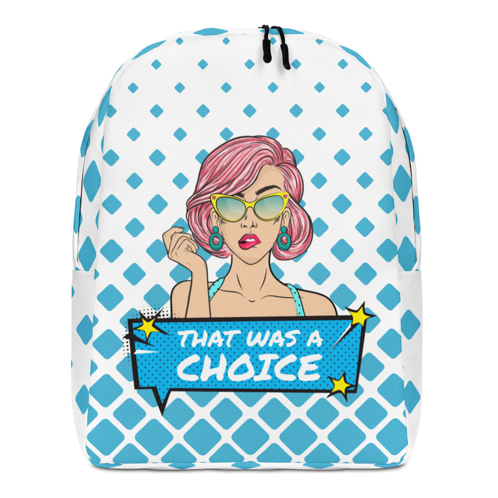 Front view of a white backpack with blue diamonds, pin-up graphic, and “THAT WAS A CHOICE” text