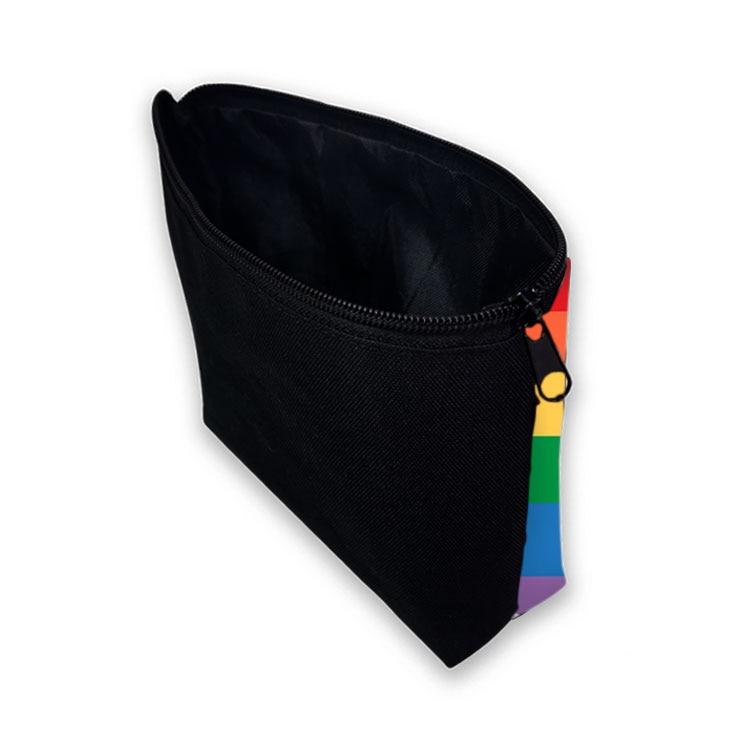 Black cosmetic pouch with a rainbow Pride flag zipper pull, shown open
