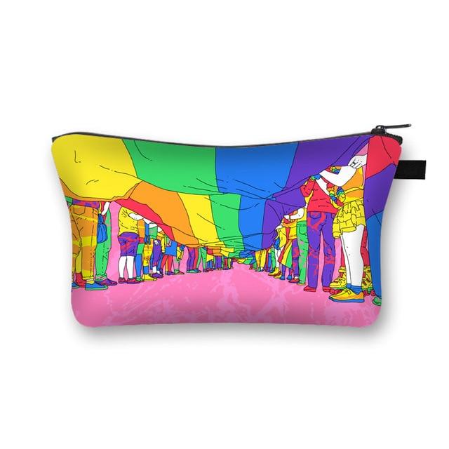 Colorful cosmetic bag showing people beneath a large rainbow flag