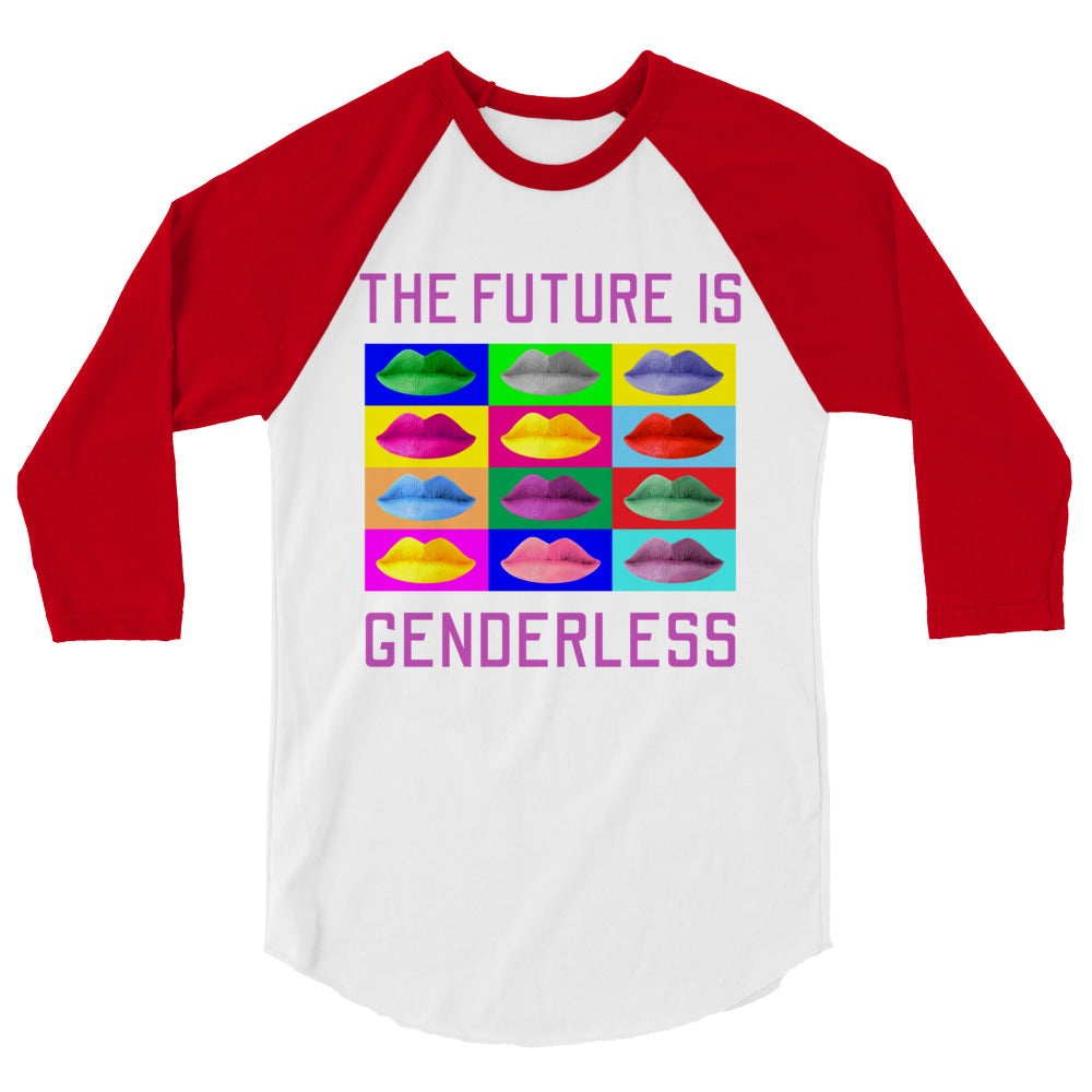 Front view of a white raglan shirt with red sleeves and colorful lips, reading “THE FUTURE IS GENDERLESS”