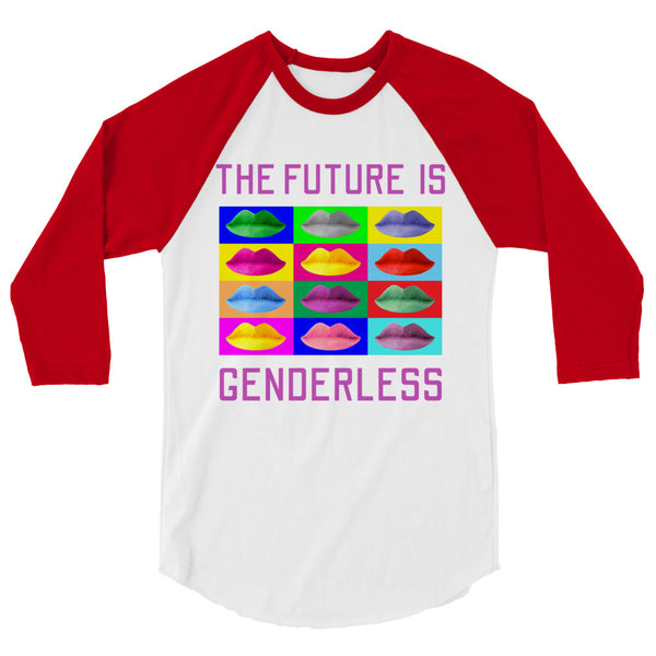Front view of a white raglan shirt with red sleeves and colorful lips, reading “THE FUTURE IS GENDERLESS”