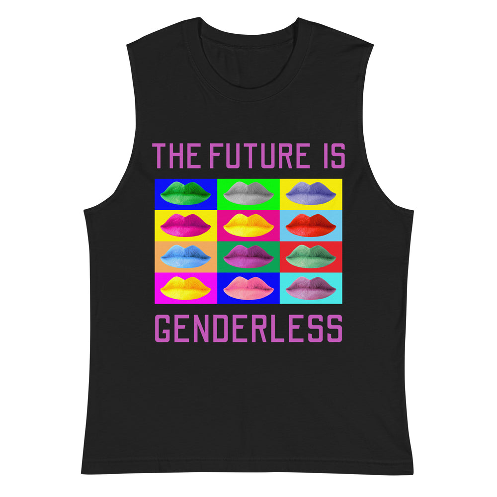 Black sleeveless tank top reading “THE FUTURE IS GENDERLESS” above colorful lips