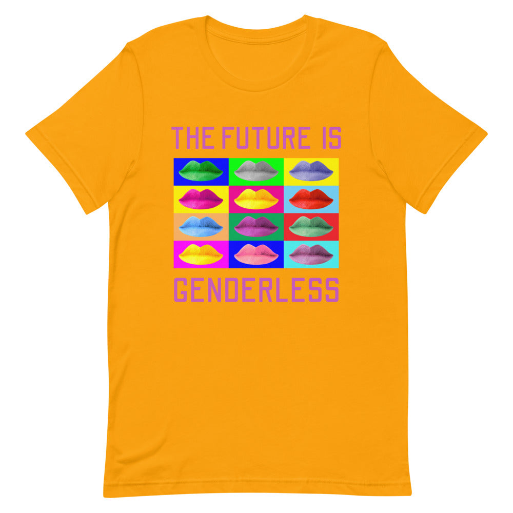 Flat-lay orange T-shirt reading “THE FUTURE IS GENDERLESS,” with 12 colorful lips
