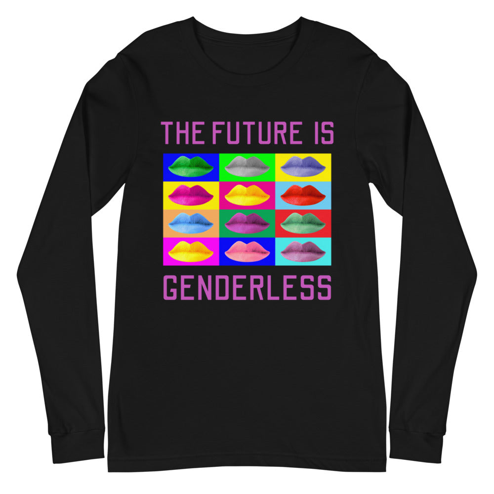 Black long-sleeve shirt reading “THE FUTURE IS GENDERLESS” above colorful lips