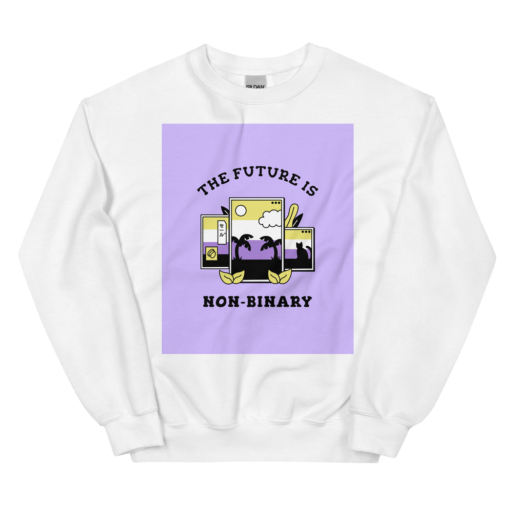 Front view of a white sweatshirt reading “THE FUTURE IS NON-BINARY” over a purple graphic.