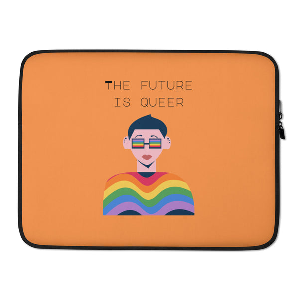 Front view of an orange laptop sleeve reading “THE FUTURE IS QUEER,” with a rainbow-clad figure
