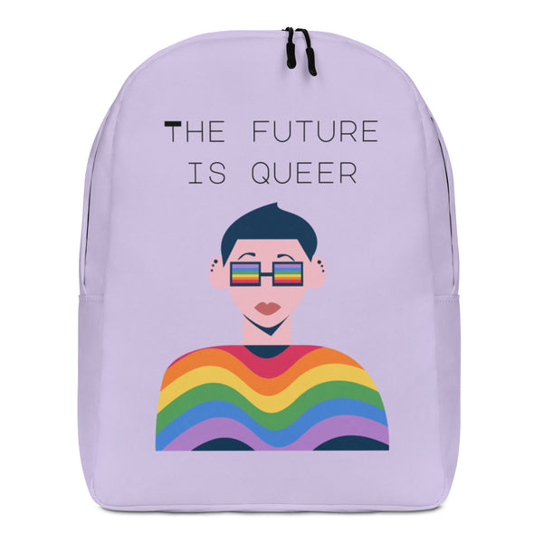 Front view of a lavender backpack reading “THE FUTURE IS QUEER,” with a rainbow illustration