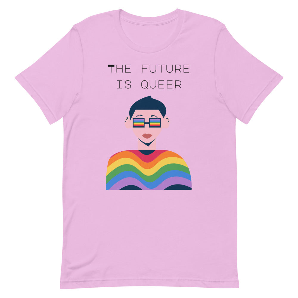 Front-facing lilac T-shirt reading “THE FUTURE IS QUEER,” with a rainbow portrait graphic