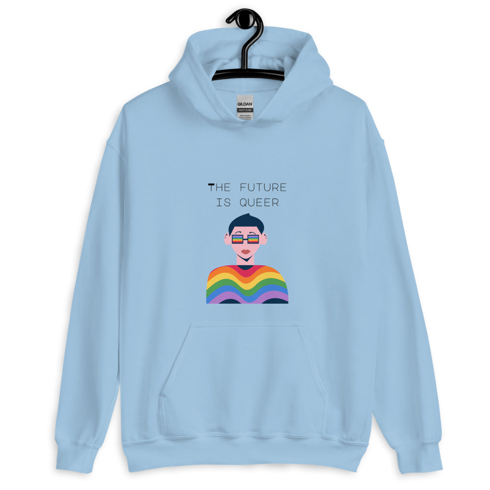 Light blue hoodie on a hanger reading “THE FUTURE IS QUEER,” with a rainbow graphic