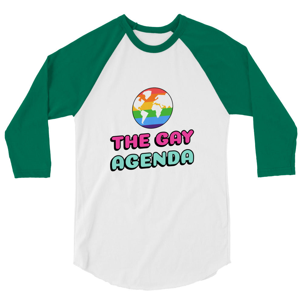 Front view of a white raglan shirt with green three-quarter sleeves, rainbow globe, and “THE GAY AGENDA” text
