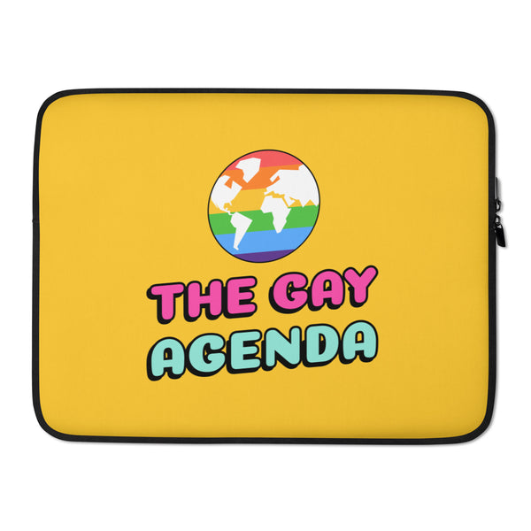 Yellow laptop sleeve reading “THE GAY AGENDA,” with a rainbow world map emblem