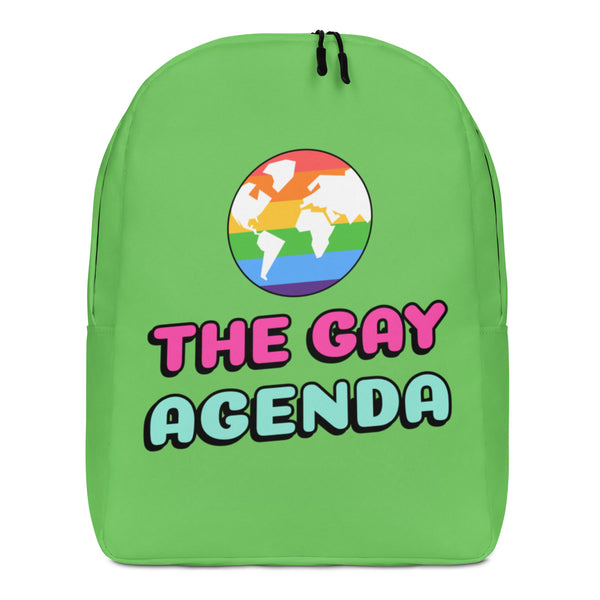 Front view of a bright green backpack reading “THE GAY AGENDA,” with a rainbow globe graphic