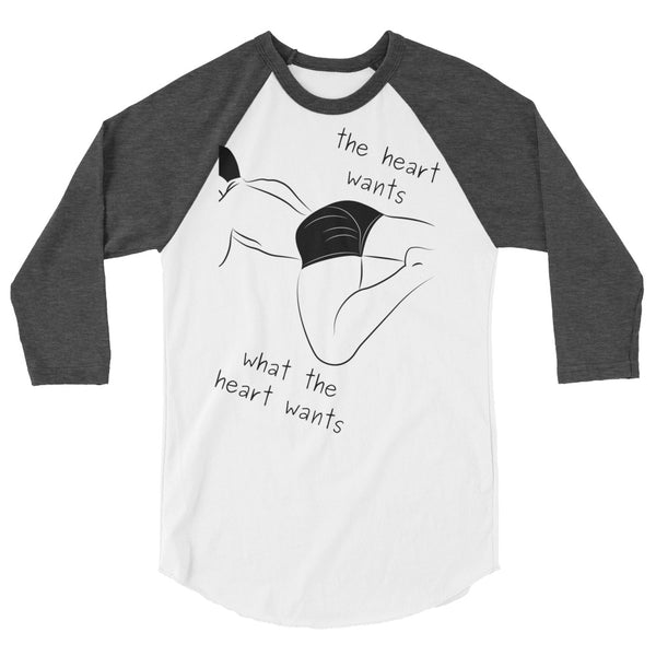 Front view of a white raglan shirt with dark gray sleeves and an intimate line drawing