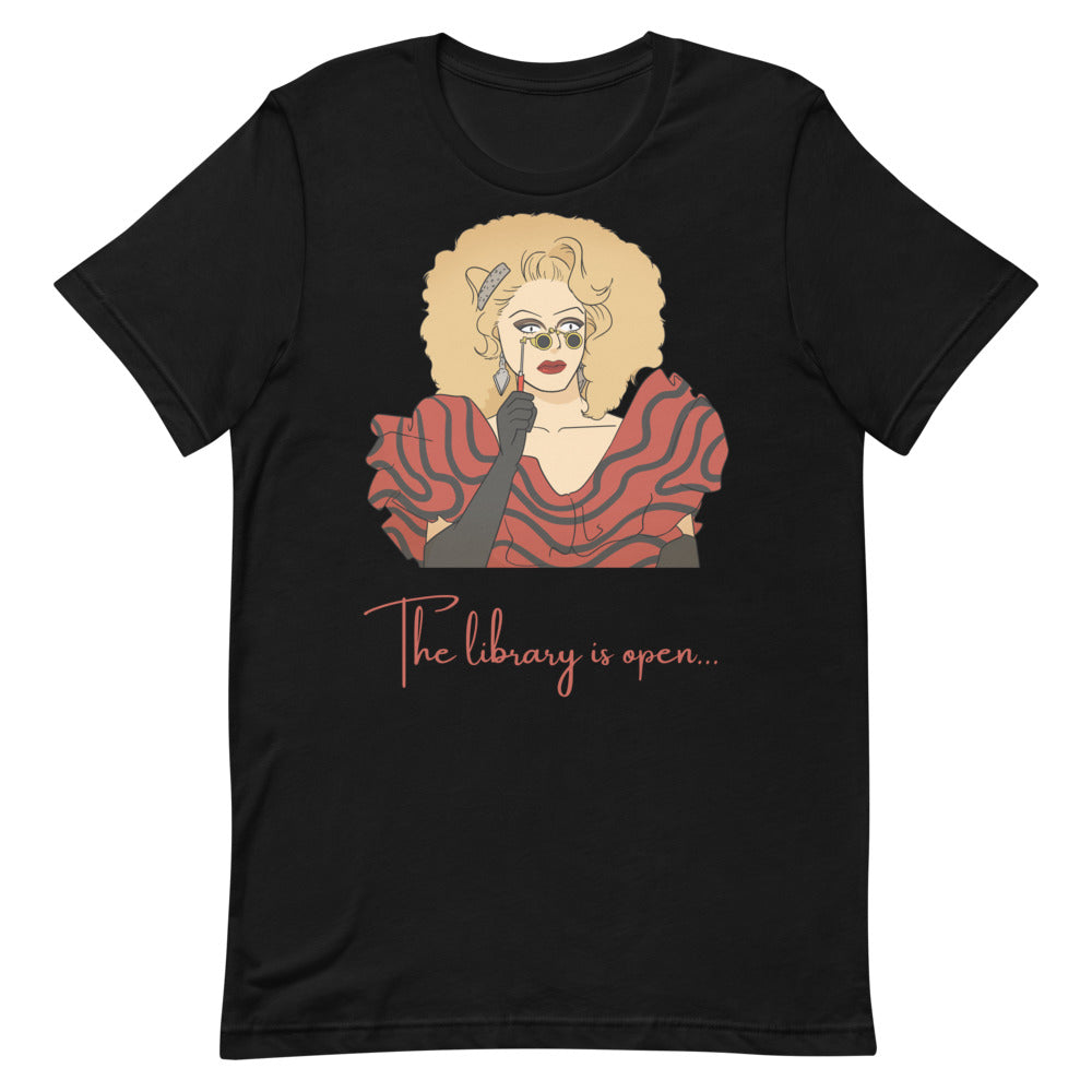 Black T-shirt with a drag queen illustration and “The library is open...” text