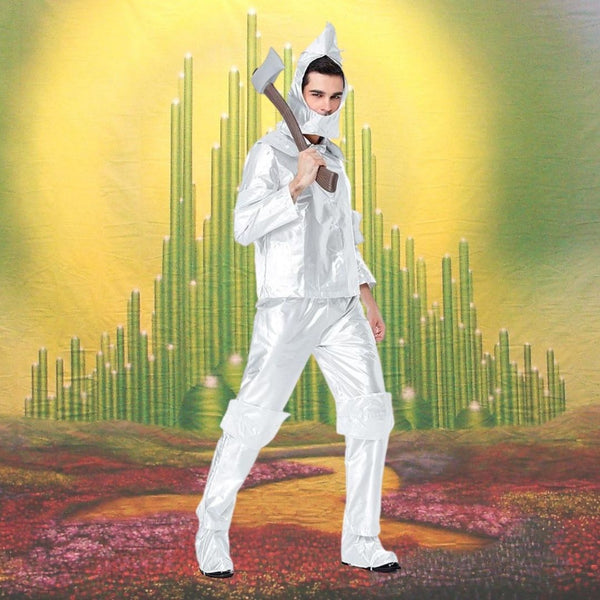 Model wearing a shiny silver Tin Man costume with hood, tunic, pants, and boot covers