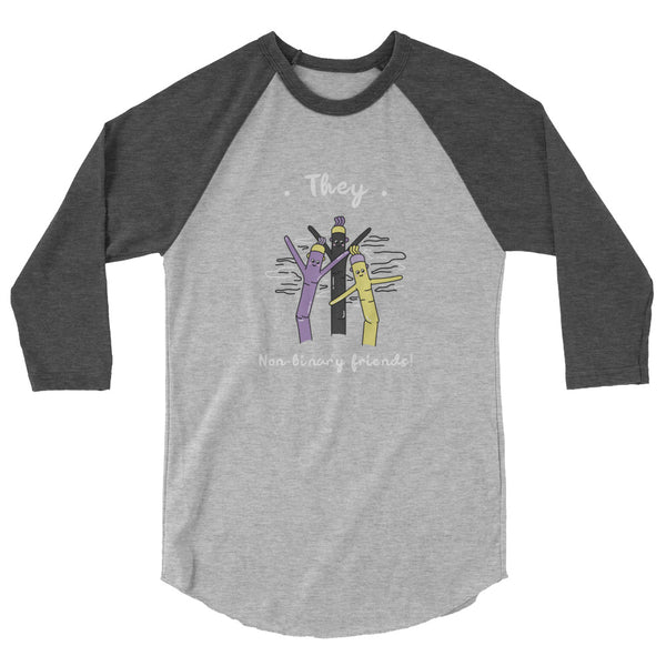 Gray raglan shirt with dark sleeves, “They” text, and colorful nonbinary friends graphic