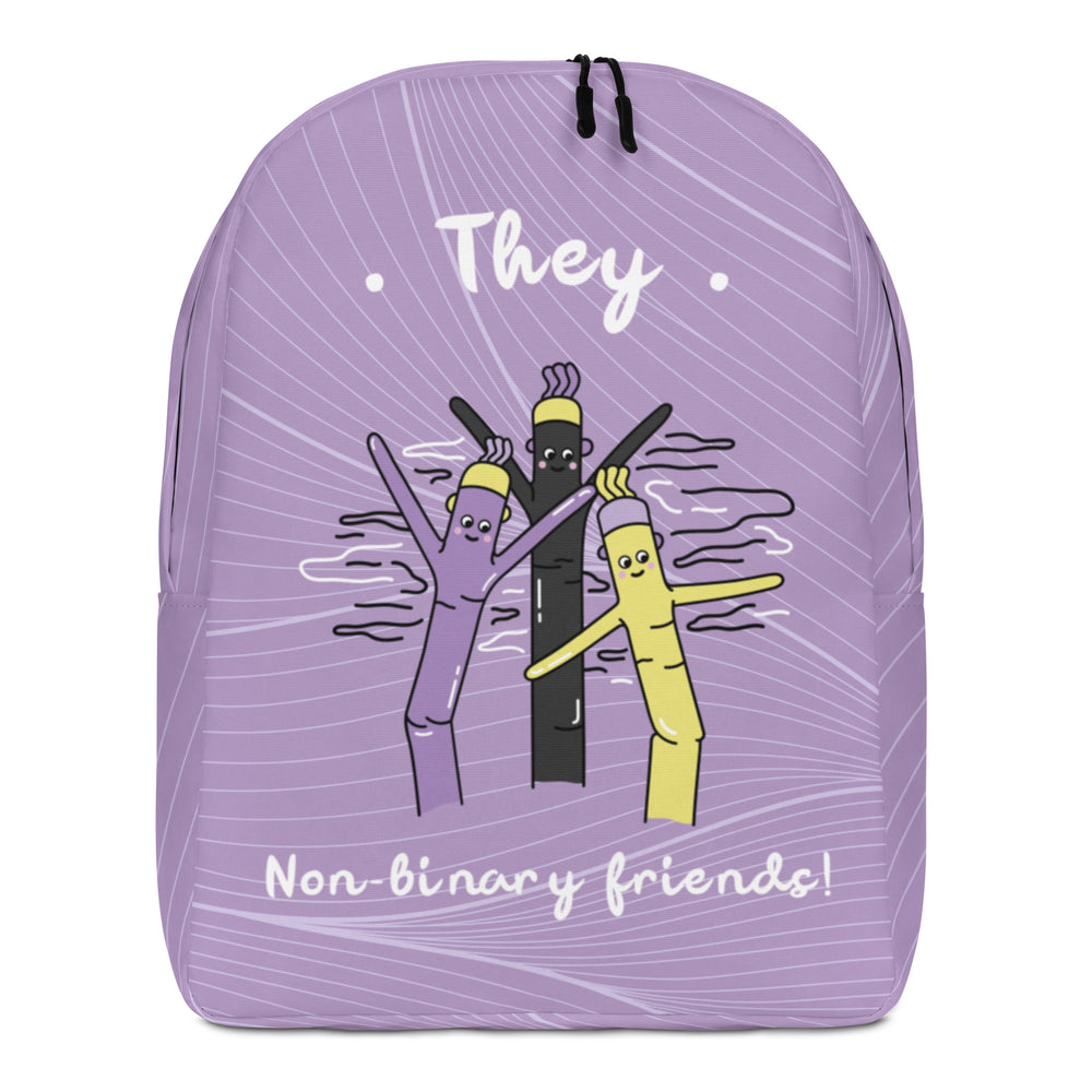 Front view of a lavender backpack reading “They” and “Non-binary friends!”