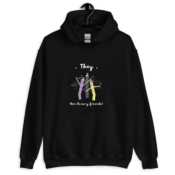 Black hoodie on a hanger reading “They” and “Non-binary friends!” above colorful figures