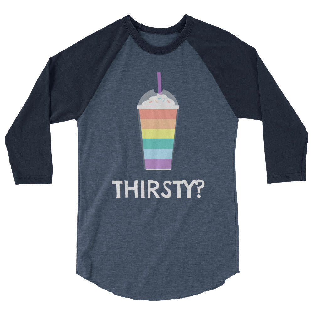 Front view of a navy and heather-gray raglan shirt with a rainbow drink and “THIRSTY?” text
