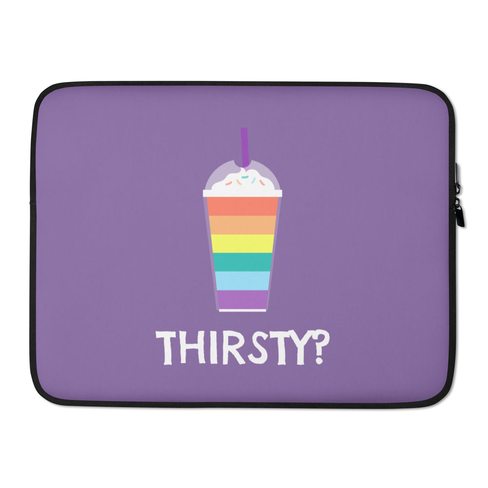 Purple laptop sleeve with a rainbow-striped whipped drink graphic and “THIRSTY?” text