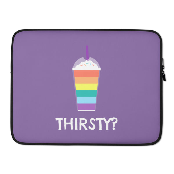 Purple laptop sleeve with a rainbow-striped whipped drink graphic and “THIRSTY?” text