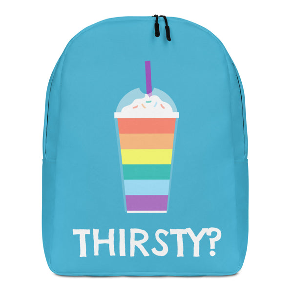 Front view of a turquoise backpack with a rainbow-striped drink graphic and “THIRSTY?” text