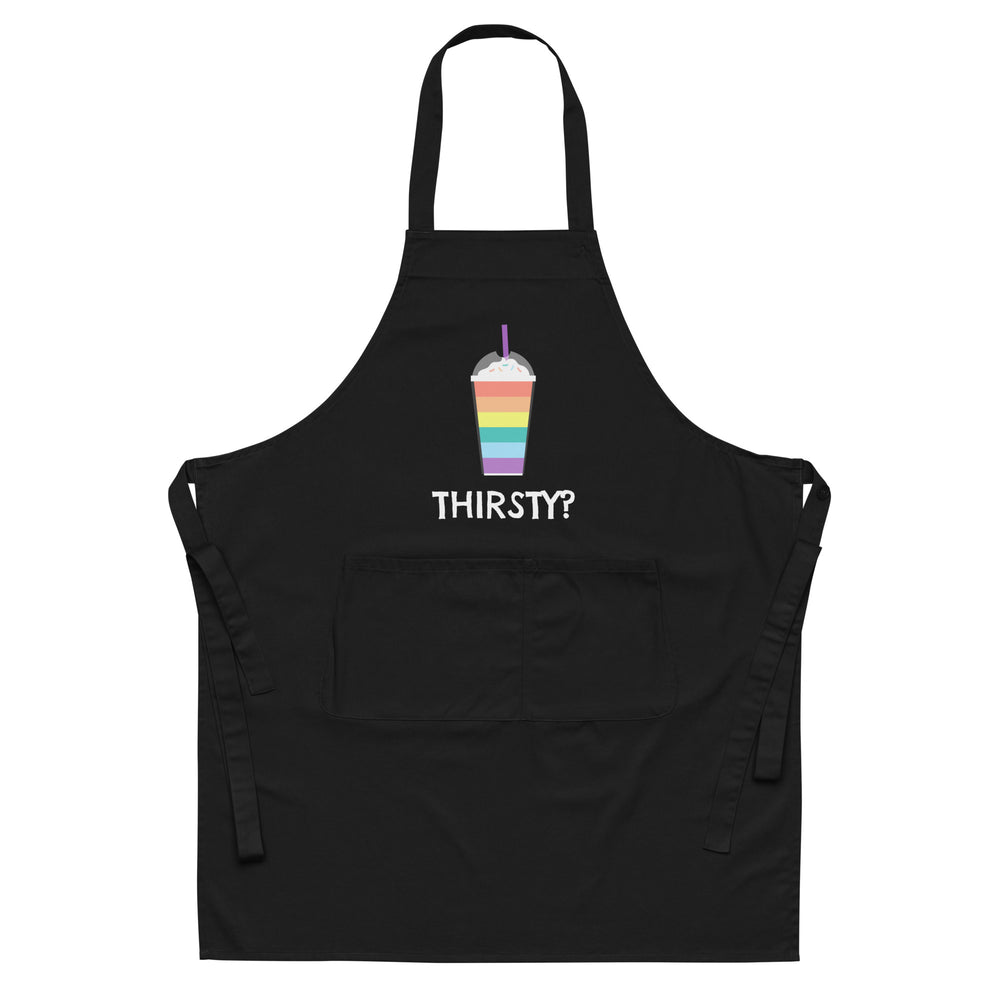 Front view of a black apron with a rainbow drink graphic and “THIRSTY?” text