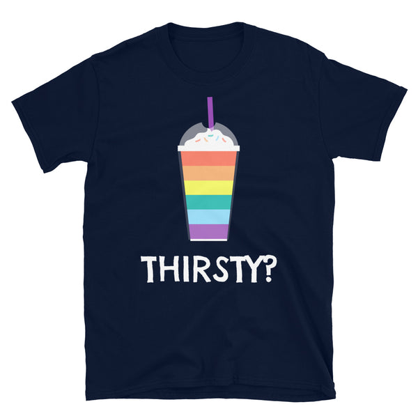 Navy T-shirt with a rainbow-striped drink graphic and “THIRSTY?” text
