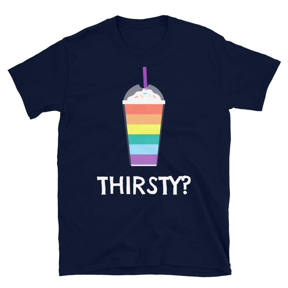 Navy T-shirt with a rainbow-striped drink graphic and “THIRSTY?” text