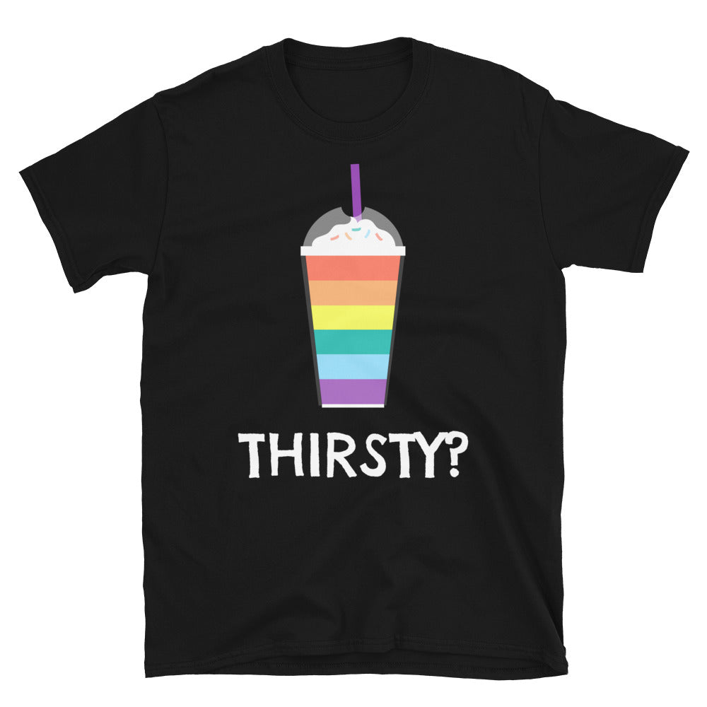 Black T-shirt with a rainbow-striped drink graphic and “THIRSTY?” text