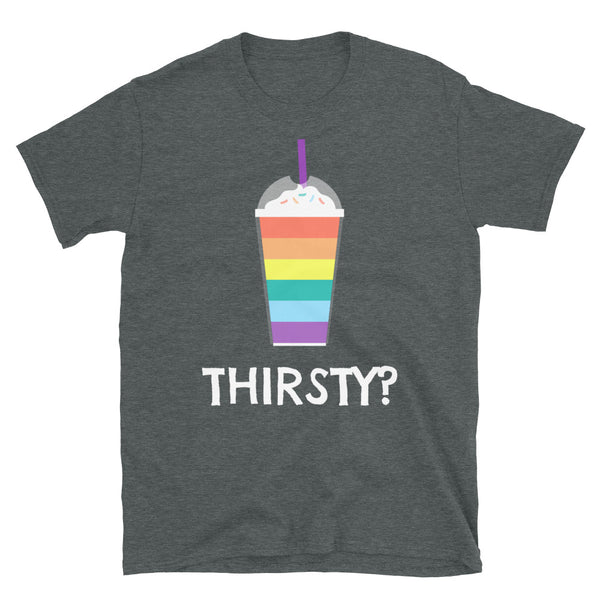 Flat-lay charcoal T-shirt with a rainbow-striped drink graphic and “THIRSTY?” text