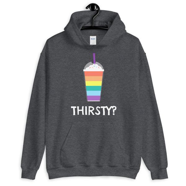 Charcoal hoodie with rainbow-striped drink graphic and “THIRSTY?” text, shown on a hanger