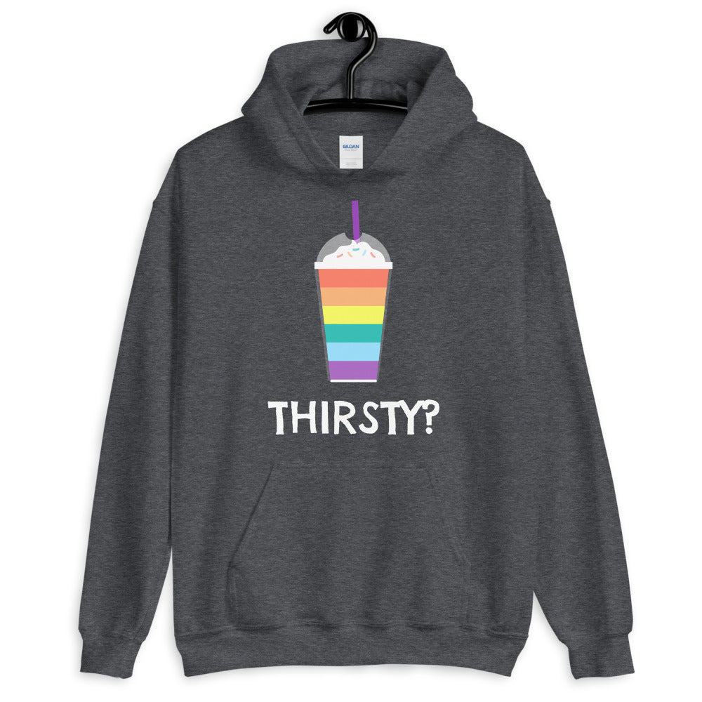 Charcoal hoodie with rainbow-striped drink graphic and “THIRSTY?” text, shown on a hanger