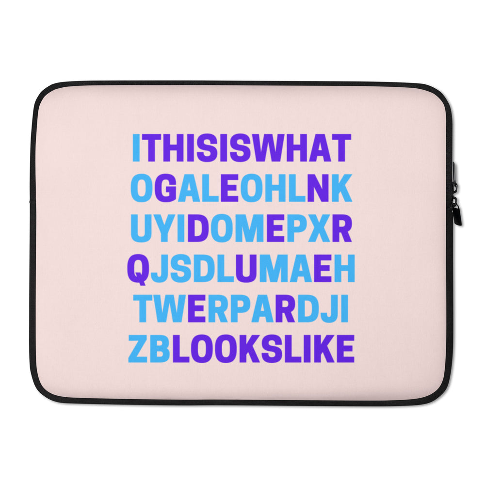 Pale pink laptop sleeve with black trim and a zipper, printed with colorful text