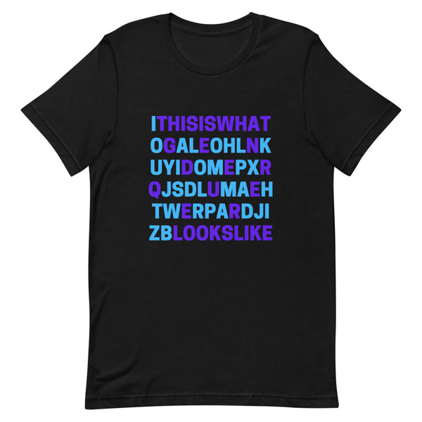 Black T-shirt with colorful block letters forming a scrambled text design on the front