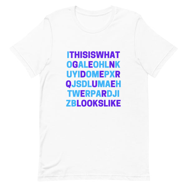 White genderqueer T-shirt with blue and purple text reading “THIS IS WHAT GENDERQUEER LOOKS LIKE”