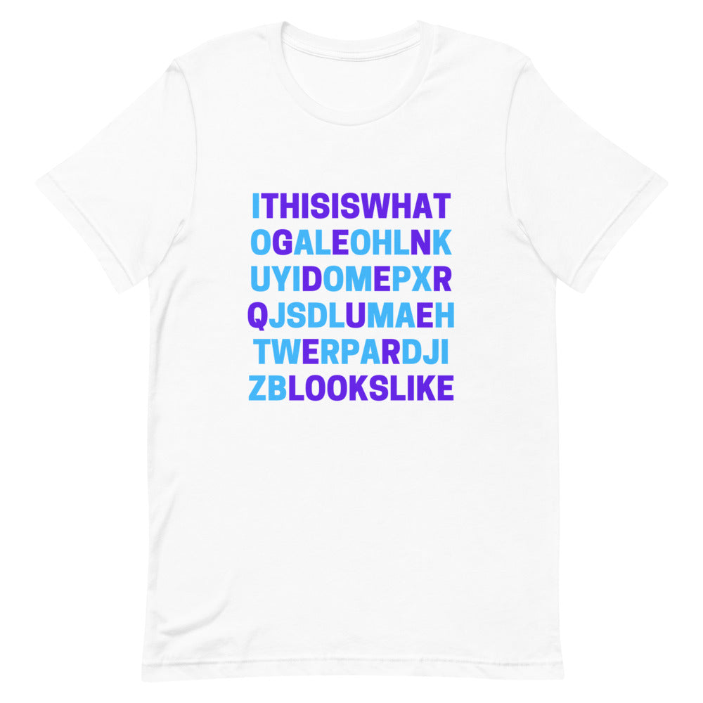 White genderqueer T-shirt with blue and purple text reading “THIS IS WHAT GENDERQUEER LOOKS LIKE”