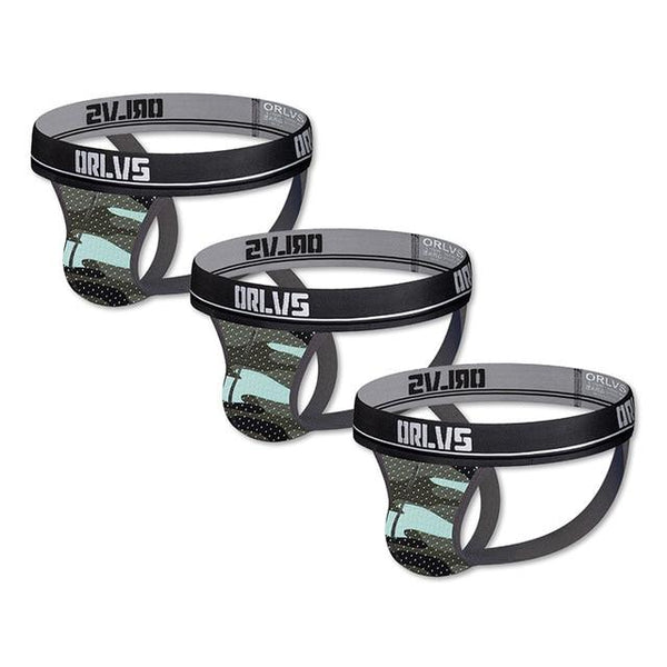 Three camouflage mesh jockstraps with black elastic waistbands and open backs
