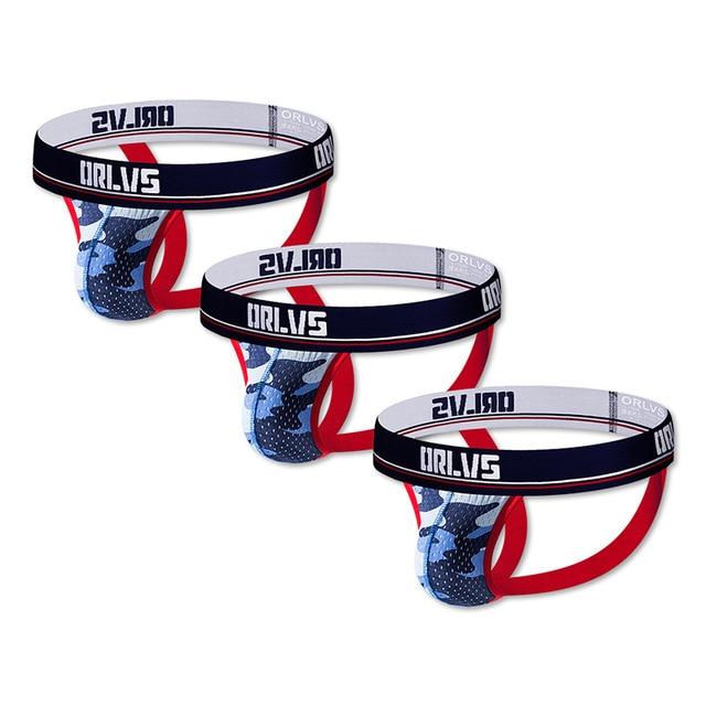 Three camouflage-pattern mesh jockstraps with navy waistbands and red straps