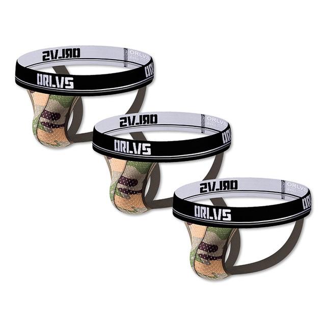 Three camouflage-print mesh jockstraps with black branded waistbands