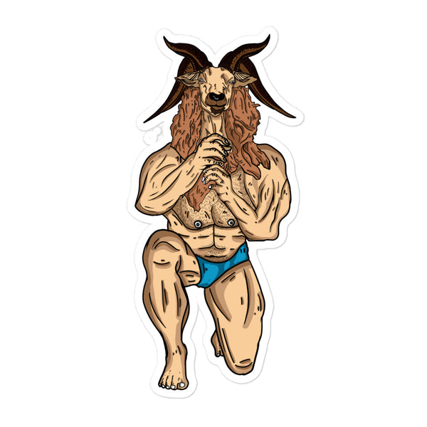 Die-cut sticker showing a muscular horned goat-man in blue briefs, posing with folded hands