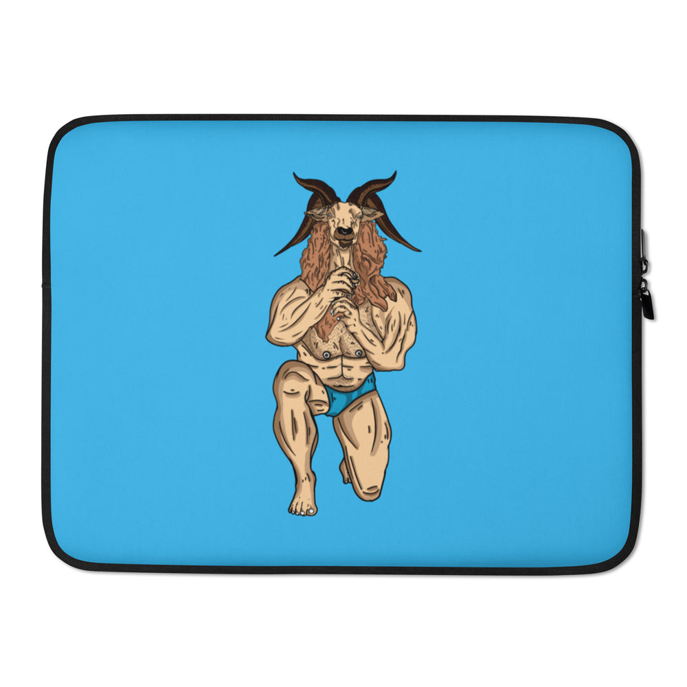 Blue laptop sleeve with a horned goat-man illustration in blue briefs