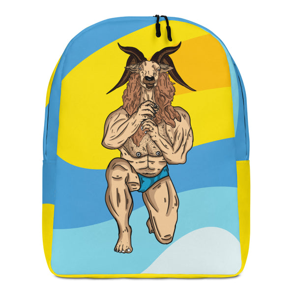 Front view of a colorful backpack with a cartoon goat-man covering its chest