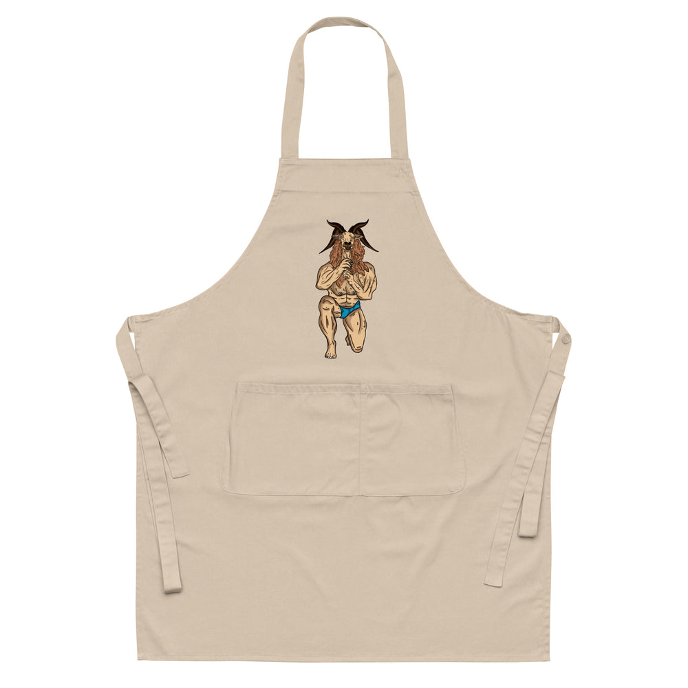 Front-facing beige apron with neck strap, waist ties, pocket, and goat-person illustration